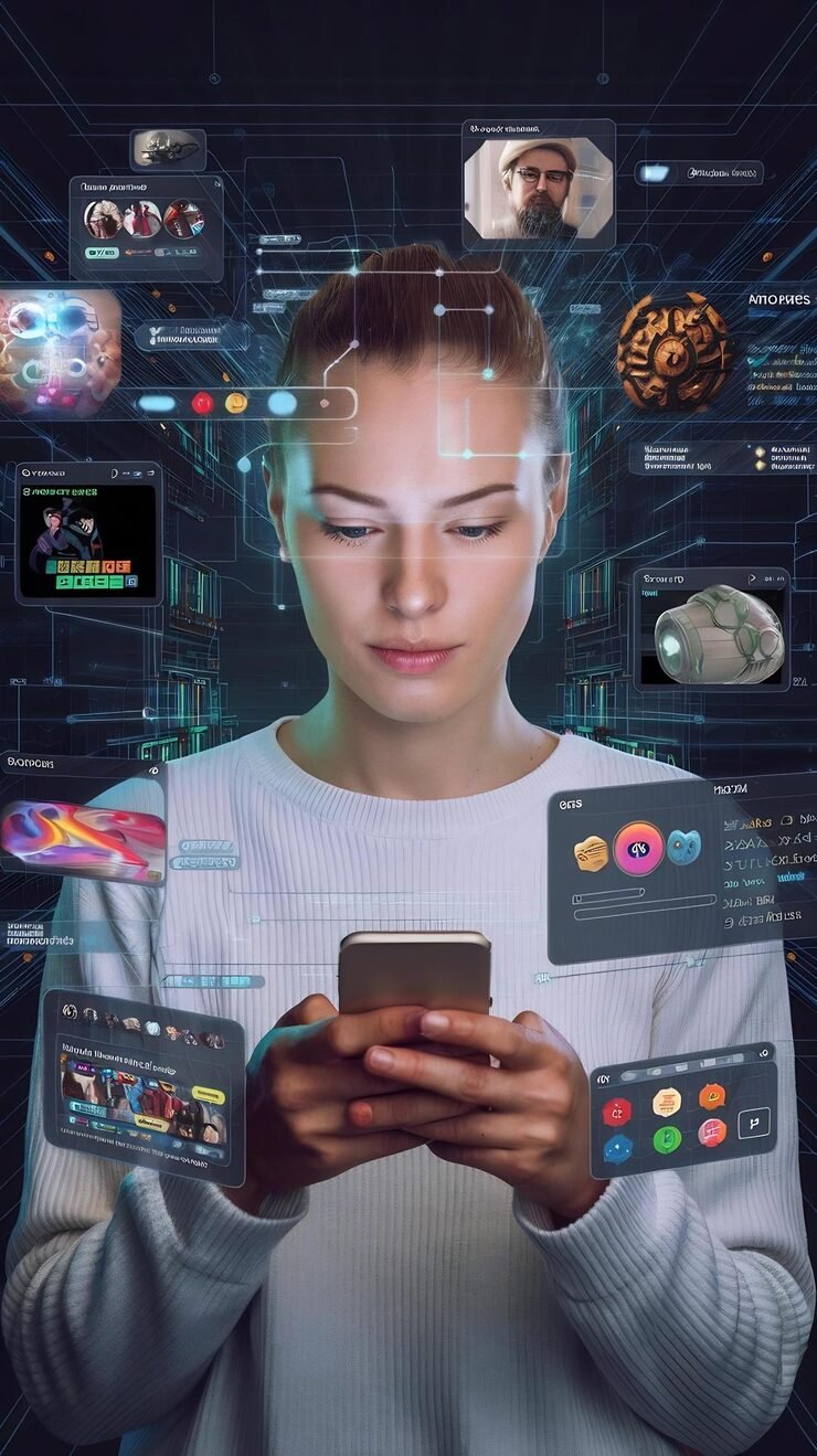 portrait-caucasian-woman-using-smartphone-3d-cyberspace-with-animated-social-media-interfaces_1313853-104655